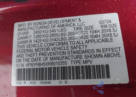 2024 Honda Passport Awd Ex-L from USA, damaged, VIN 5FNYF8H5XRB010355